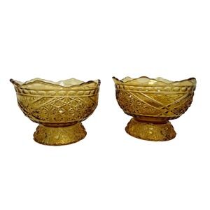Vintage Amber Pressed Glass Footed Sherbet Bowls Scalloped Edge Set of 2
